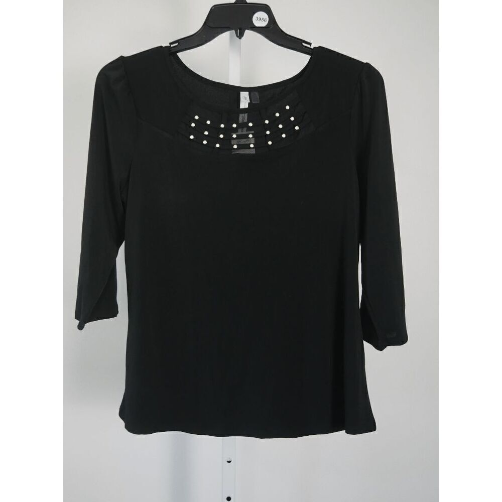NY Collection Women's Petite 3/4 Sleeve Crepe Knit Top Black PL - Picture 2 of 7